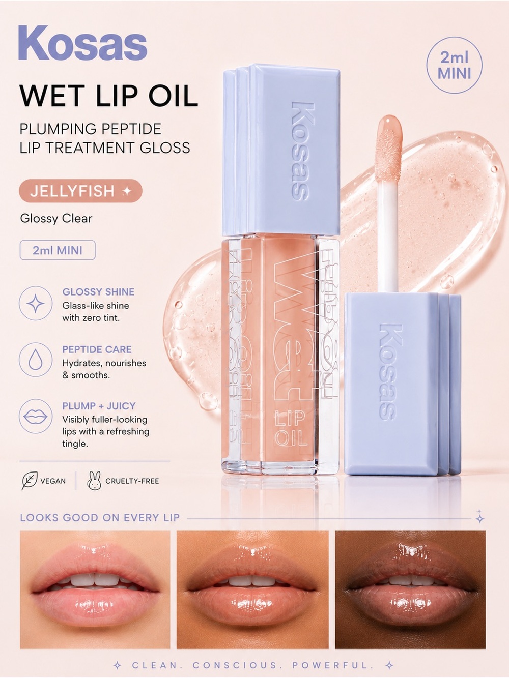 Kosas Wet Lip Oil Plumping Peptide Lip Treatment Gloss- Jellyfish 2ml Mini